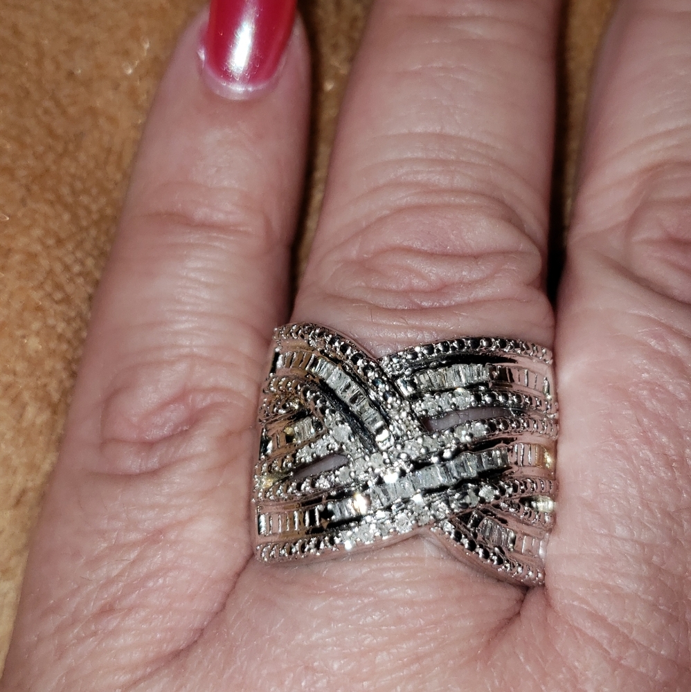 Sz 10, White Diamond Crossover Ring, 925 Silver/w Platinum, 0.48 carats, NWT - Picture 3 of 9